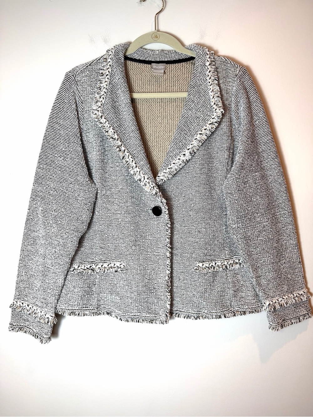 Chico’s Fringe Trim Tweed Knit Blazer Jacket Black Tan Cream Size 3 US XL